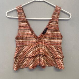 Forever 21 Ruffle V-Neck Tank Top Striped Rust Orange Cropped Top Size Medium